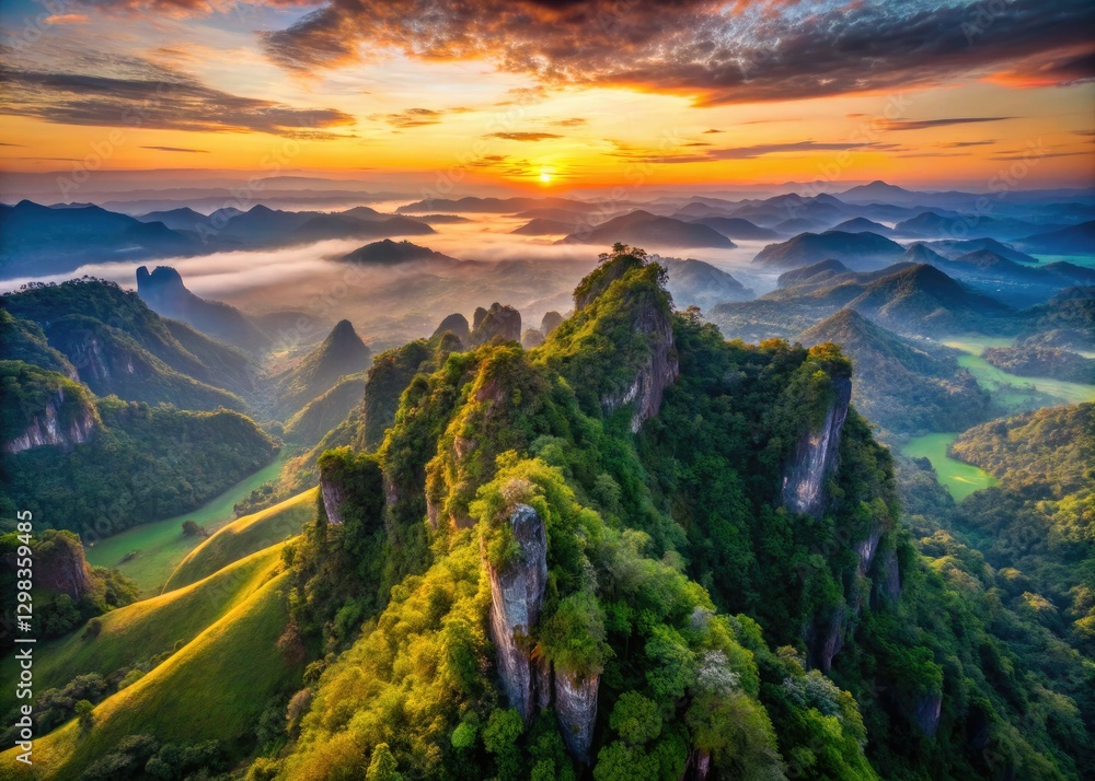 Fototapeta premium Thailand's Ban Pa Pong Pieng: a stunning aerial sunrise panorama from the mountain peaks.