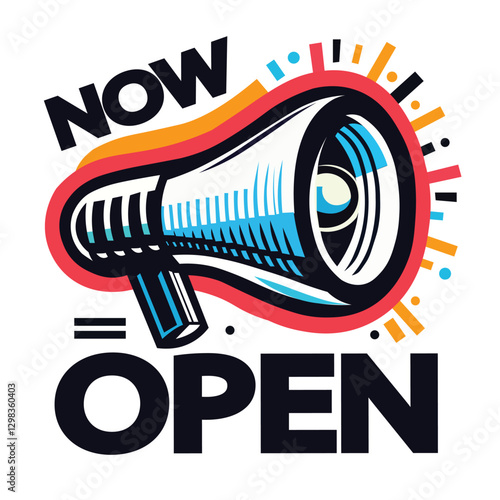 Dynamic Megaphone Announcement: 'Now Open' Sign in Vibrant Colors with Blue, Red, Yellow, and Black Shades, Surrounded by Exciting and Urgent Graphic Elements