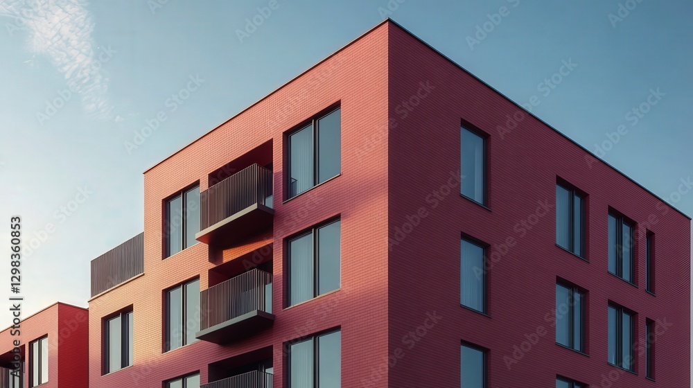 Modern Apartment Building with Red Facade and Balconies at Sunset Modern Apartment Building with Red Facade and Balconies at Sunset