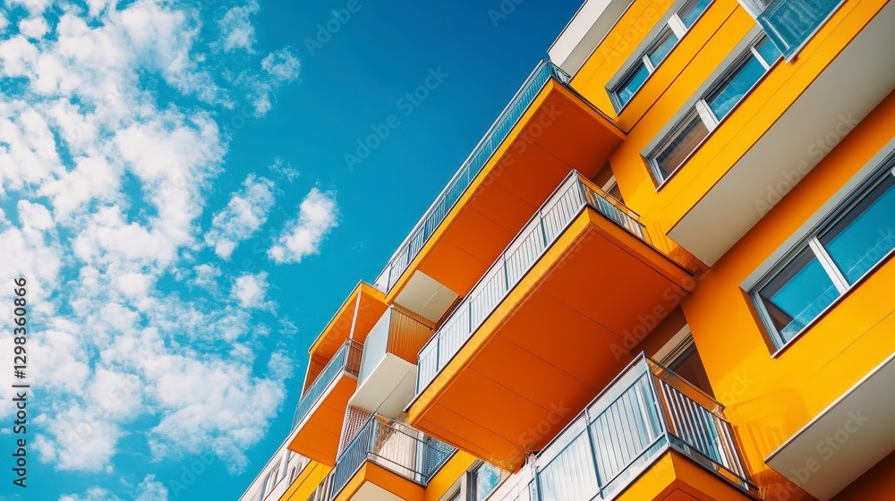 Obraz premium Vibrant Yellow Apartment Building Against a Bright Blue Sky