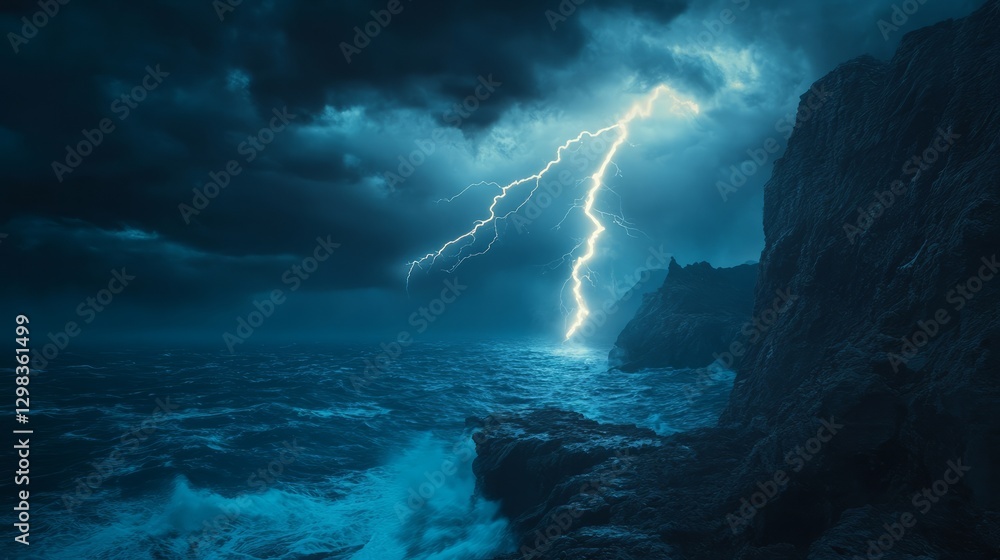 Fototapeta premium A dramatic lightning bolt hitting a rocky cliffside overlooking a turbulent sea 