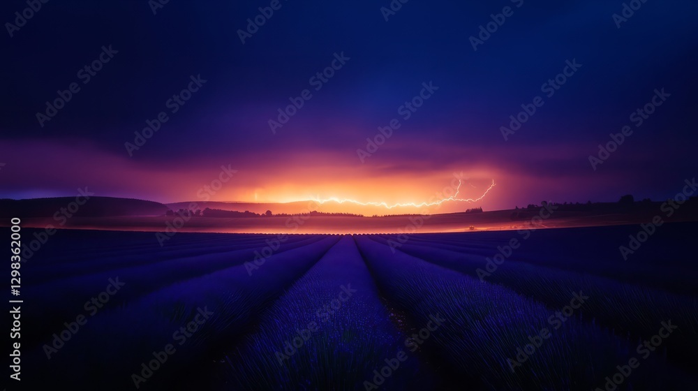 A dramatic lightning strike illuminating a vast field of lavender at night A dramatic lightning strike illuminating a vast field of lavender at night
