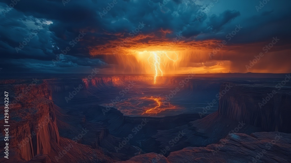 Fototapeta premium A dramatic lightning strike over a dark, stormy canyon landscape 