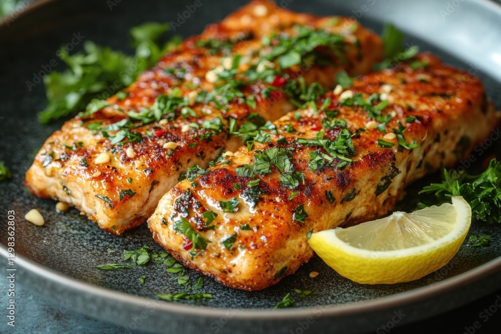 Grilled fish fillet with fresh greens and lemon slice Grilled fish fillet with fresh greens and lemon slice