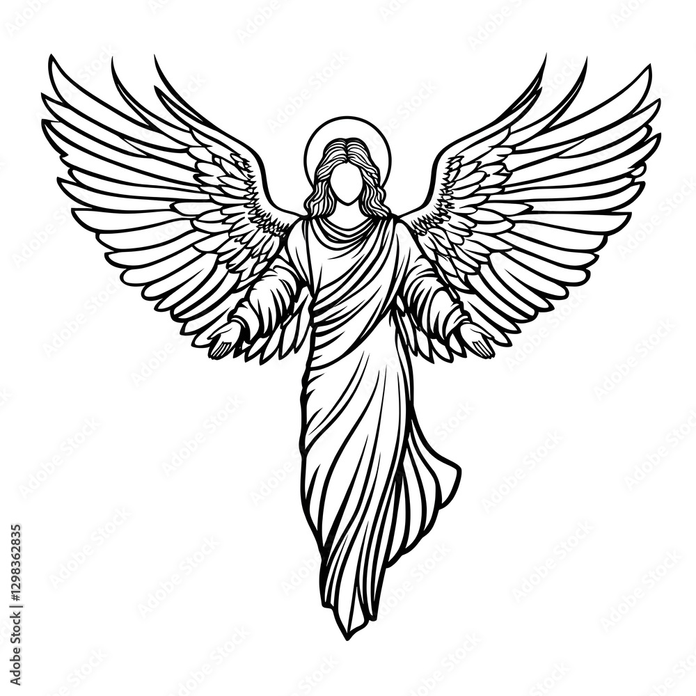 Fototapeta premium Bold Vector Line Drawing of Angel with Spread Wings, High-Contrast Black Outline