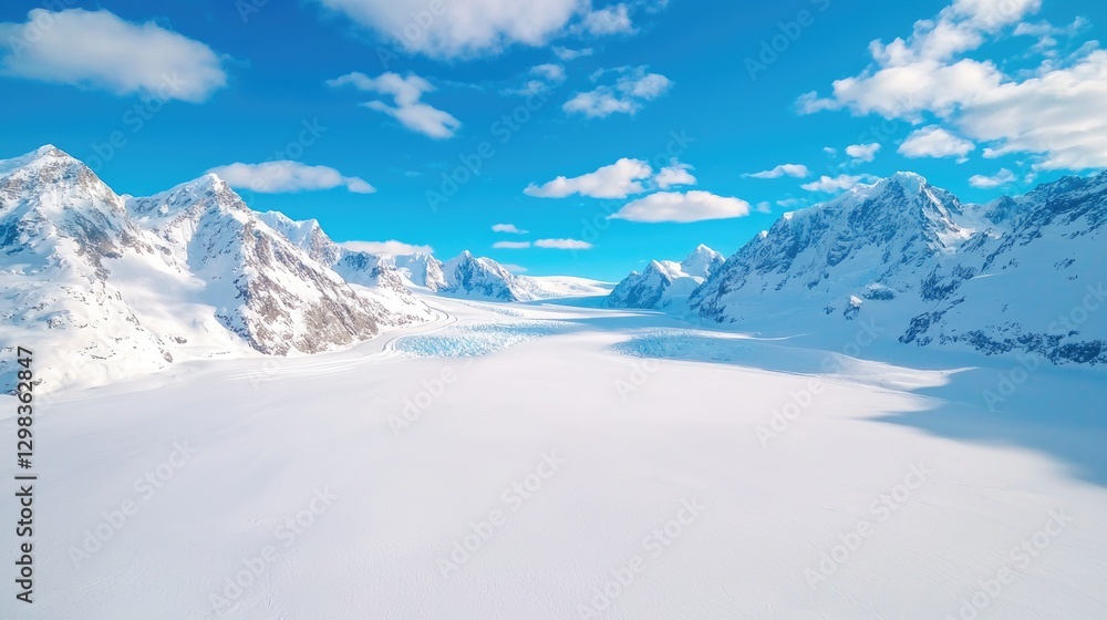 Obraz premium Vast snow-covered glacier valley stretches between rugged mountain peaks under a bright blue sky.