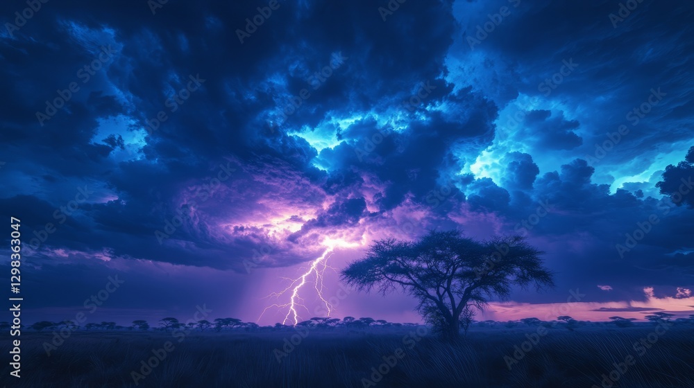 A lightning storm over a vast savanna with acacia trees silhouetted in the foreground A lightning storm over a vast savanna with acacia trees silhouetted in the foreground