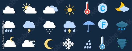 Weather icon set. Weather icons for web. Forecast weather flat symbols. Pictogram vector icons.
