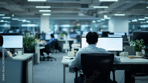 a corporate office environment, viewed across a large, open floor plan. Numerous employees are seated at their desks, deeply focused on their computer screens, indicative of a typical busy working day