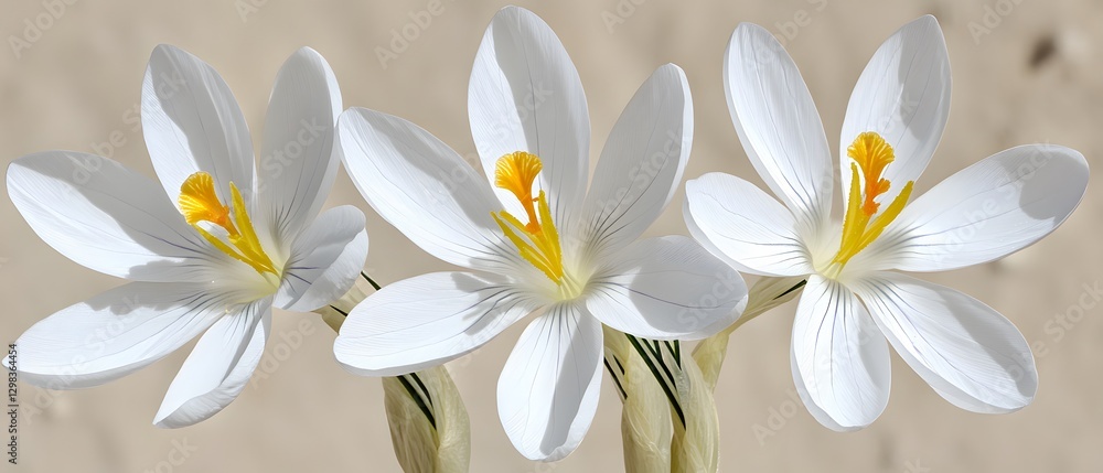 Fototapeta premium Three White Crocus Flowers Close Up Shot
