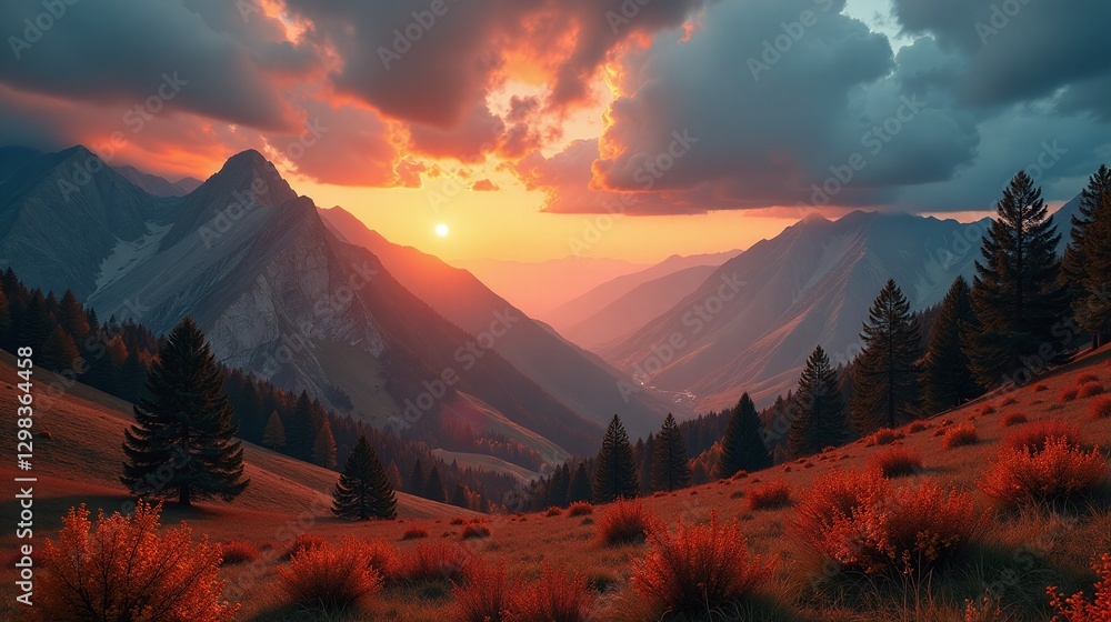 Fototapeta premium Dramatic sunset illuminates serene mountain landscape.