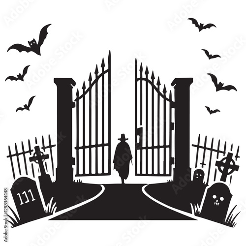 Spooky Graveyard Scene with Open Gate and Mysterious Figure Silhouette