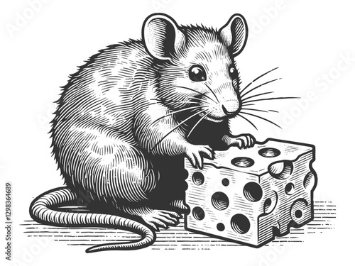 Mouse Eating Cheese Vintage vector illustration