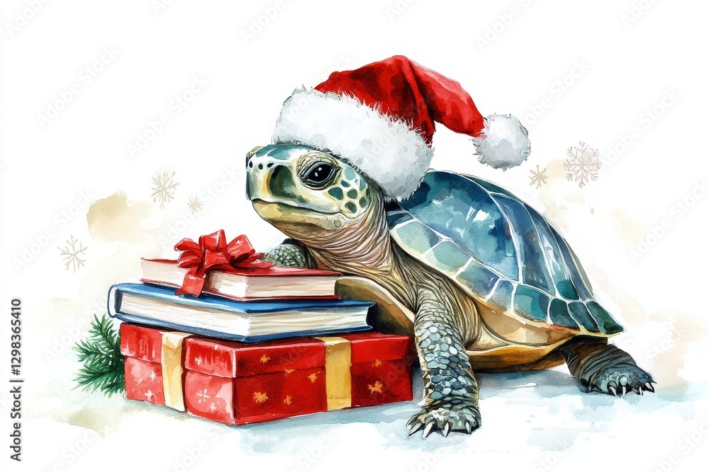 Turtle with Christmas Hat and Gifts - A cute turtle wearing a Santa hat sits beside a stack of books and Christmas presents on a white background Turtle with Christmas Hat and Gifts - A cute turtle wearing a Santa hat sits beside a stack of books and Christmas presents on a white background