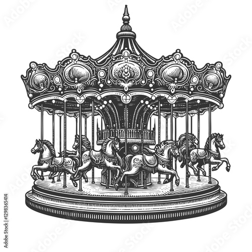 Vintage Carousel with Horses vector illustration
