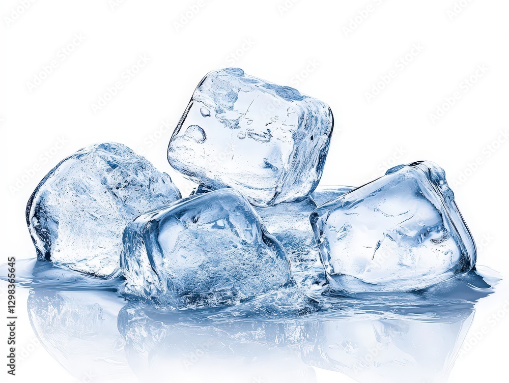 Fototapeta premium Clear Ice Cubes on Reflective Surface with Water Droplets