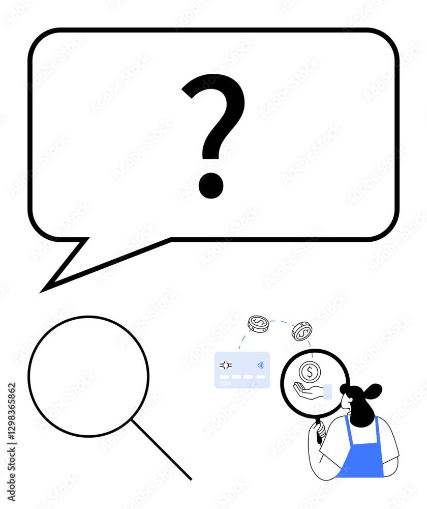 Woman holding a magnifying glass with a speech bubble overhead, inside of which are a dollar sign, a credit card, and question mark. Ideal for finance, investigation, searching, inquiries Woman holding a magnifying glass with a speech bubble overhead, inside of which are a dollar sign, a credit card, and question mark. Ideal for finance, investigation, searching, inquiries