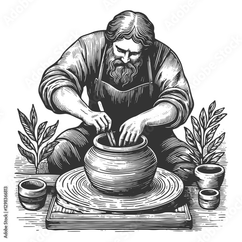 Potter Crafting Clay Pot on Wheel vector