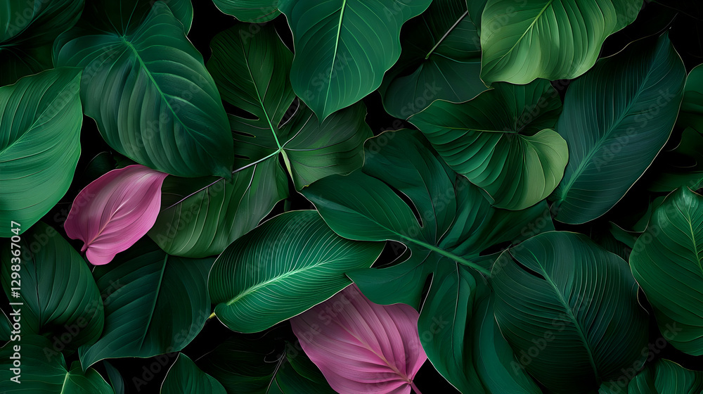 custom made wallpaper toronto digitalClose Up Of Lush Green Leaves And Two Pink Leaves With Water Droplets