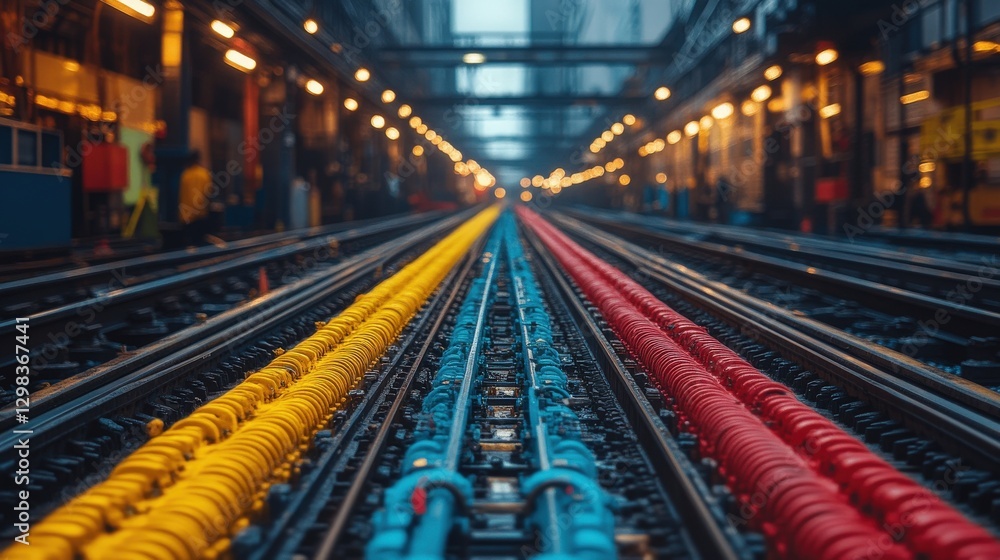 Vibrant colored cables line a railway track, creating a striking visual contrast against the industrial backdrop. The image evokes a sense of urban energy and infrastructure. Vibrant colored cables line a railway track, creating a striking visual contrast against the industrial backdrop. The image evokes a sense of urban energy and infrastructure.