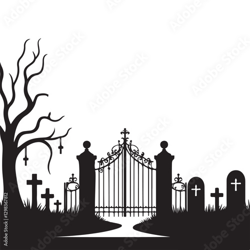 Spooky Cemetery Gate Vector Silhouette for Halloween and Gothic Designs