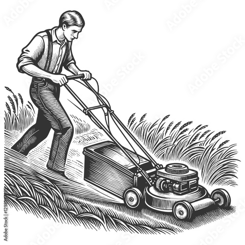 Man Mowing Lawn with Push Mower vector