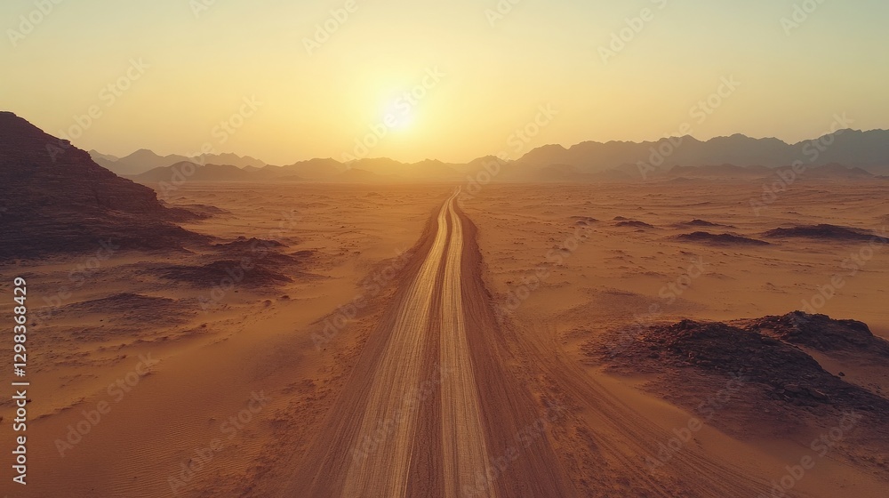 Golden Desert Highway at Sunrise with Soft Glowing Hues Golden Desert Highway at Sunrise with Soft Glowing Hues
