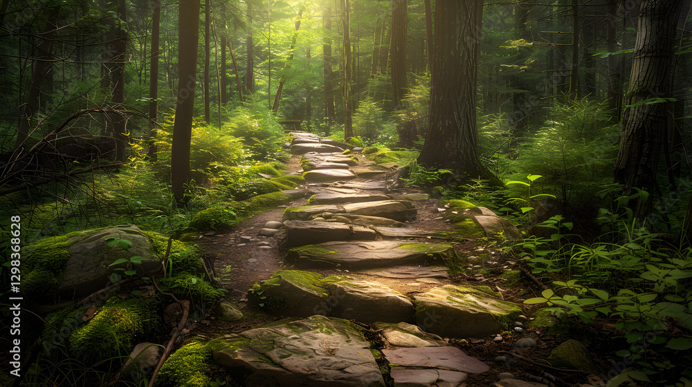 Fototapeta premium Serene Forest Pathway: A Tranquil Stone Path through Lush Greenery and Dappled Sunlight