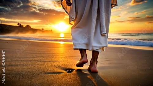 Close up of the feet of Jesus walking on the sand of dessert at sunset