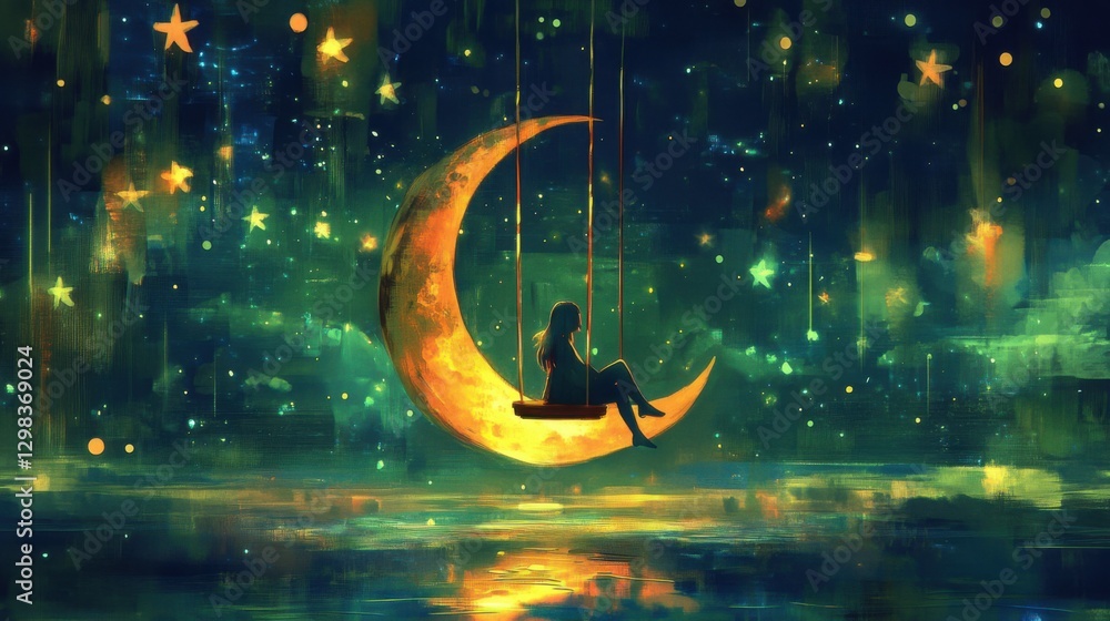 Obraz premium Dreamy Swing on a Crescent Moon Surrounded by Stars