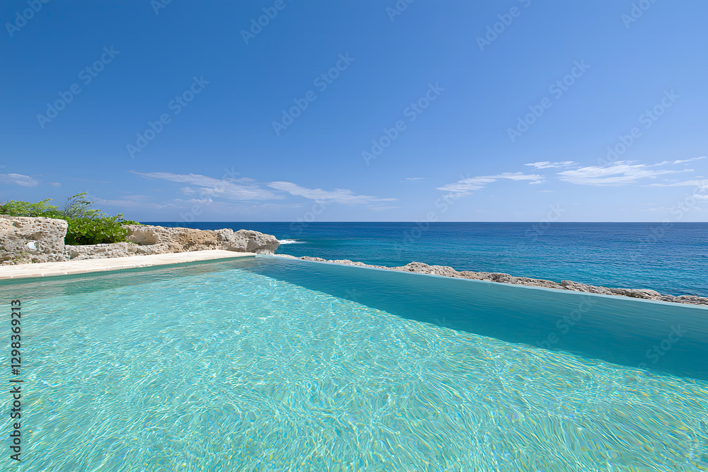 Fototapeta premium Global wellness tourism. Luxurious infinity pool overlooking serene ocean and clear blue sky