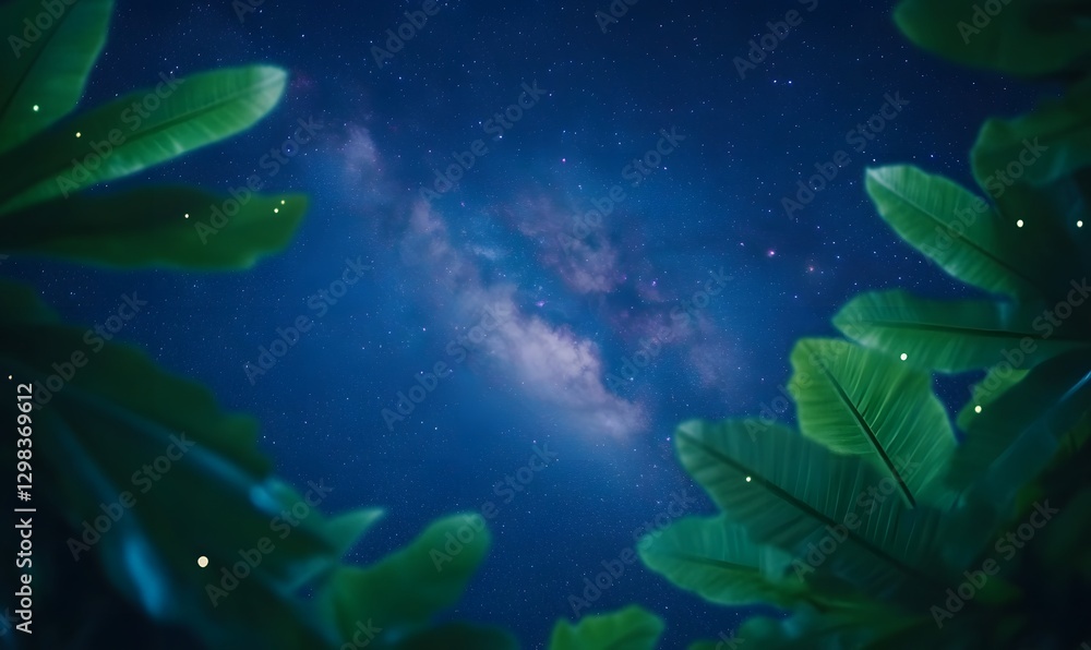 Obraz premium Milky Way in the night sky seen between tropical leaves, Generative AI