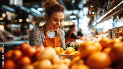 Supermarket employee arranging fresh fruits. Smiling female worker in uniform organizing produce section at a grocery store. Retail job, food industry, healthy eating, fresh produce market, customer