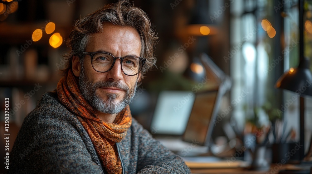 Thoughtful man with glasses and scarf in cozy workspace setting Thoughtful man with glasses and scarf in cozy workspace setting