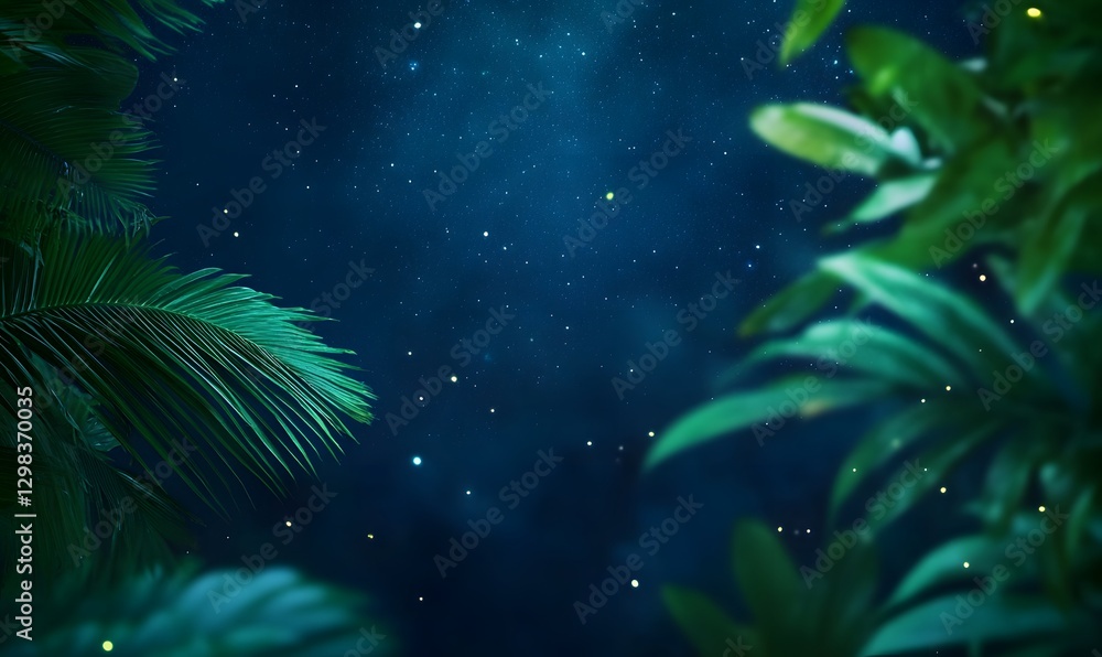 Naklejka premium Milky Way in the night sky seen between tropical leaves, Generative AI