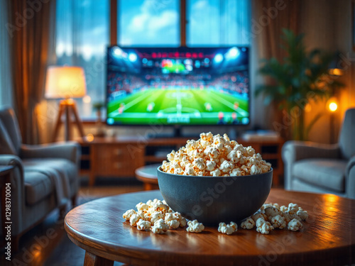 Fußballspiel im Fernsehen, Popcorn und Fernbedienung auf dem Tisch