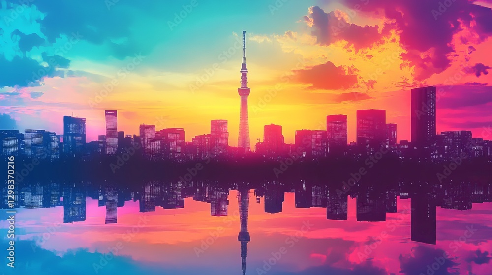 Fototapeta premium Silhouette of the city skyline against a vibrant sunset with reflections on the water