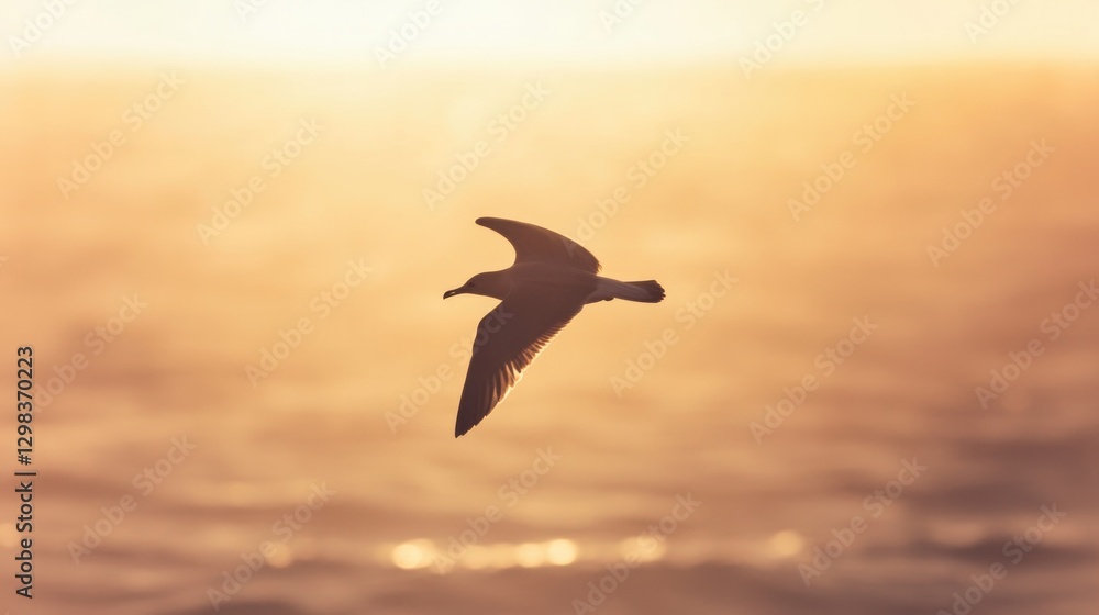 Fototapeta premium Soaring bird against golden sunset, capturing freedom and tranqu