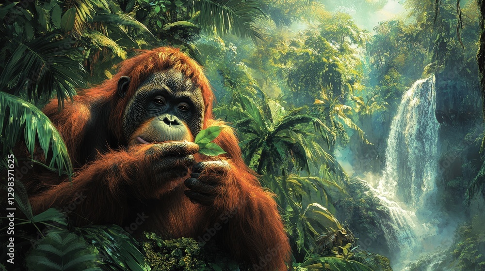 Obraz premium An orangutan with vibrant orange-brown fur grips a branch amidst a lush, emerald jungle teeming with life, bathed in golden sunlight filtering through the canopy