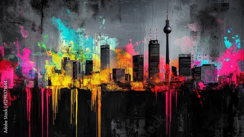 Vibrant city skyline at sunset with colorful splashes creating a lively mural effect