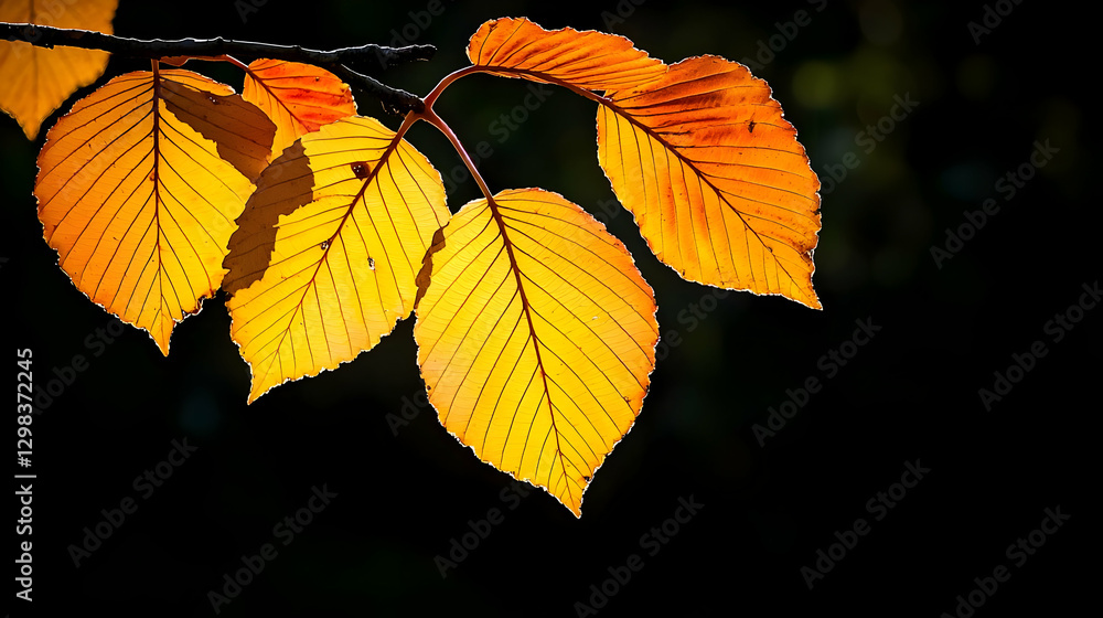 Golden Autumn Leaves Illuminated By Sunlight Against A Dark Background Golden Autumn Leaves Illuminated By Sunlight Against A Dark Background