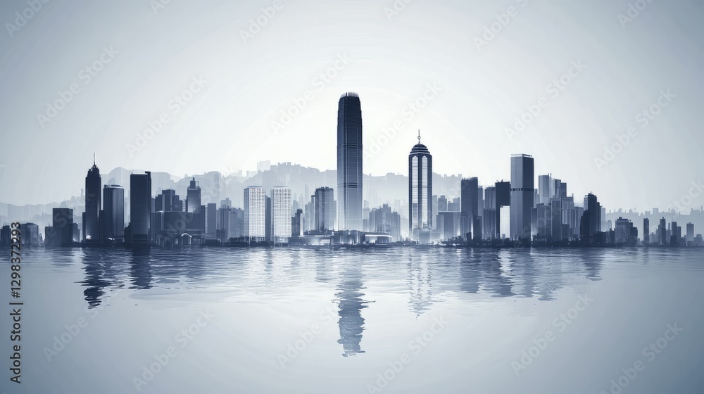 Skyline of a vibrant city reflected in calm waters at dusk showcasing towering structures and distant hills Skyline of a vibrant city reflected in calm waters at dusk showcasing towering structures and distant hills