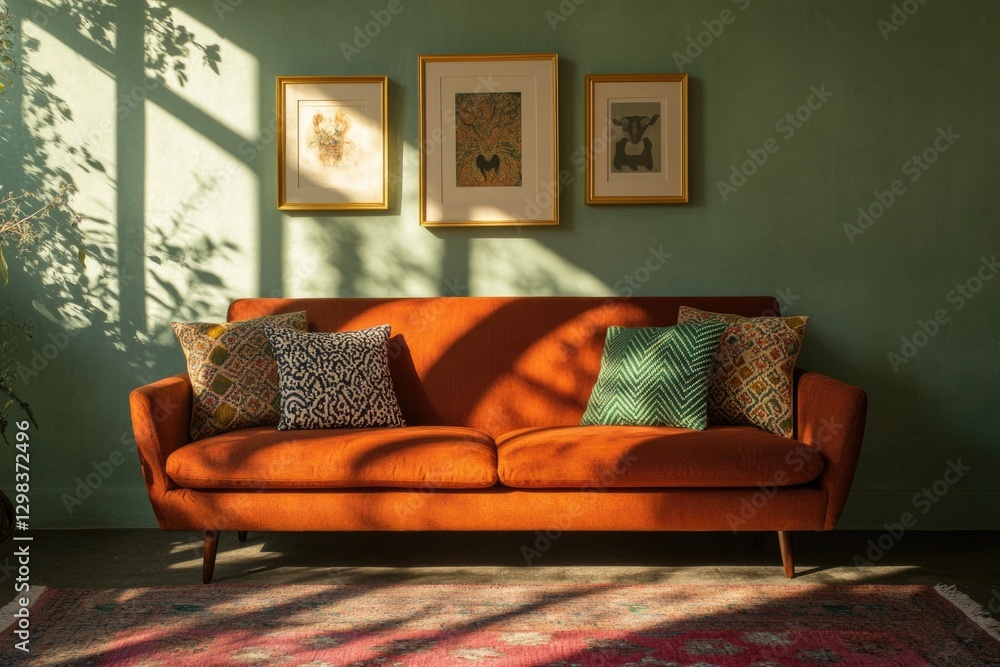 Fototapeta premium Bright orange sofa with colorful cushions, framed art, and warm