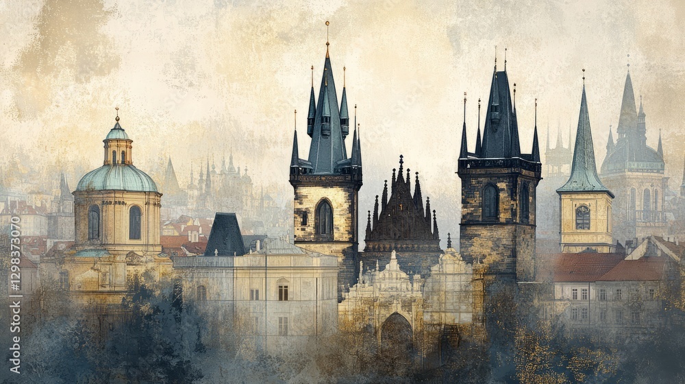 Fototapeta premium Beautiful silhouette of Prague's skyline featuring historical architecture against a moody horizon at dusk