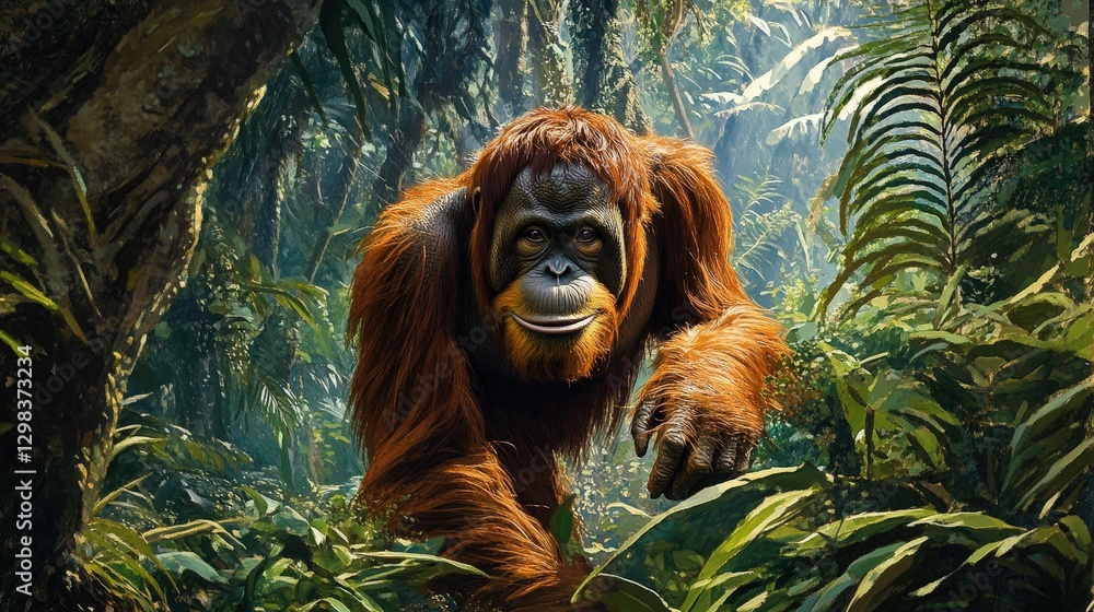 Obraz premium An intricately painted orangutan resides amidst verdant foliage, its vibrant orange-brown fur and piercing black eyes highlighted against the lush forest backdrop