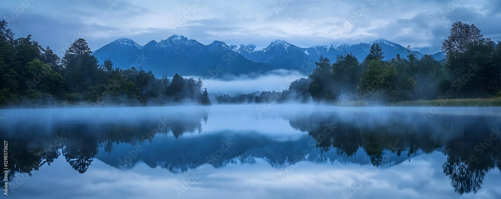 Fototapeta premium A tranquil lake reflects snow-capped mountains under a cloudy sky, with mist rising off the water.
