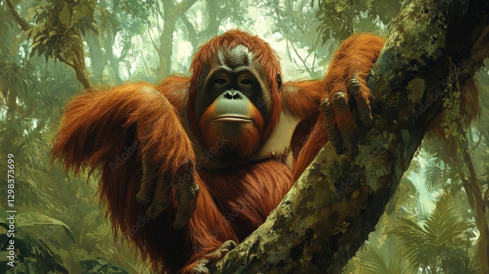 Obraz premium Vibrant orange-brown orangutans with deep black eyes gaze intently amidst a lush, emerald-green forest. Each tree whispers stories of the wild