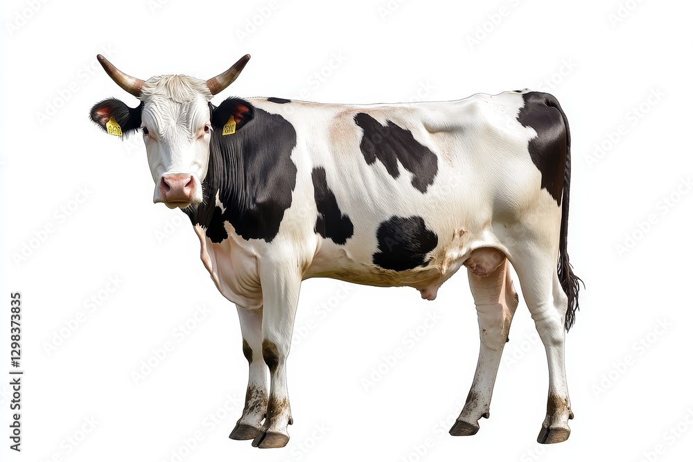 Black and White Cow on White Background - A single black and white cow stands against a pure white backdrop. It symbolizes agriculture, dairy farming, livestock, rural life, and nature Black and White Cow on White Background - A single black and white cow stands against a pure white backdrop. It symbolizes agriculture, dairy farming, livestock, rural life, and nature