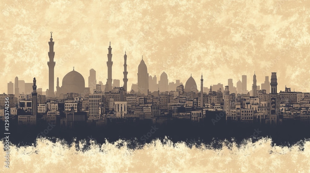Naklejka premium Silhouette of a bustling city at sunset with diverse architectural features and a vibrant horizon