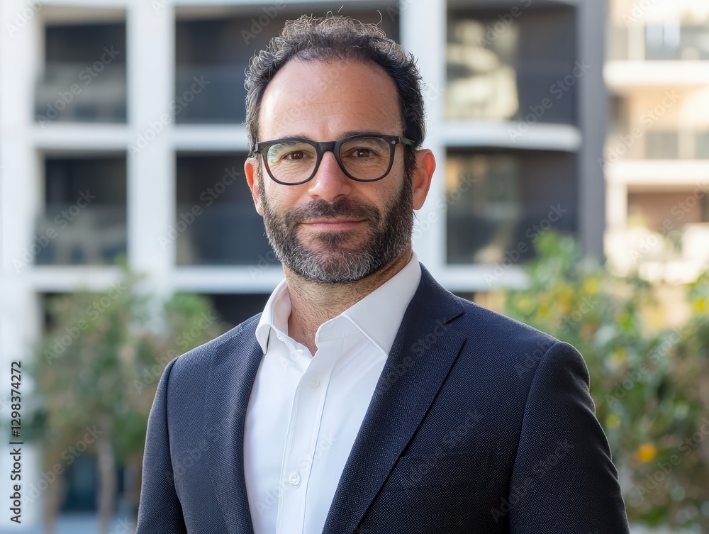 Fototapeta premium Confident Male Professional with Glasses in Urban Setting Outdoors